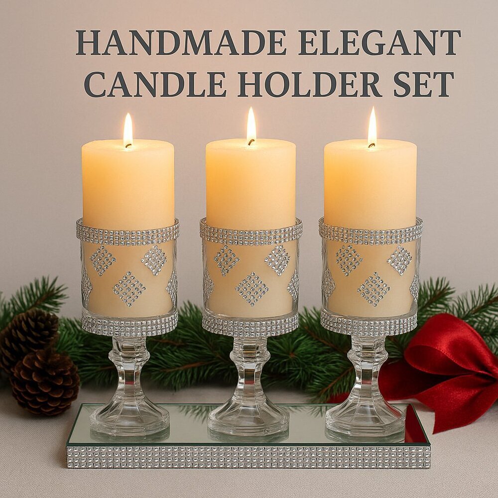 Elegant Silver Diamond Crystal 3-Piece Candle Holder Set